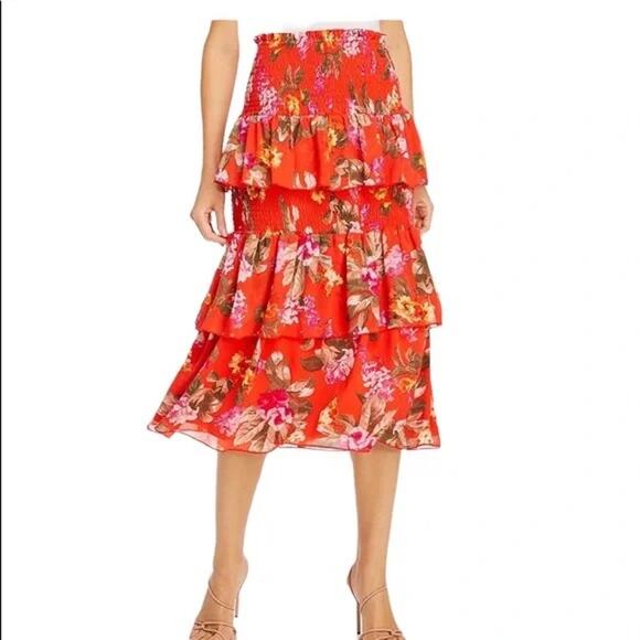 WAYF Convertible Orange Floral Smocked Tier Dress/Skirt - Picture 1 of 5